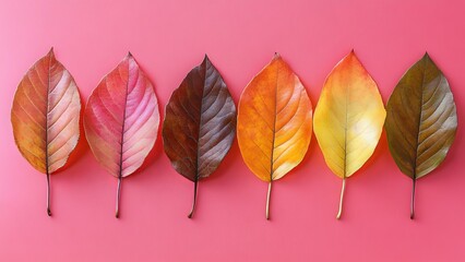 Wall Mural - colorful autumn leaves arranged in a row on pink background
