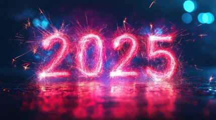 Wall Mural - 2025 New Year Sparkler Celebration Festive Lights Glowing Numbers