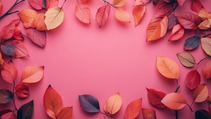 Wall Mural - Colorful autumn leaves arranged on pink background for decor