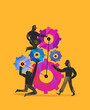 © Westend61 - Illustration of workers collaborating to set up colorful gears on a yellow background