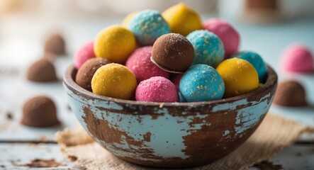 Wall Mural - Variety of colorful chocolate truffles in wooden bowl on rustic surface