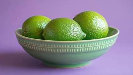 Wall Mural - Fresh limes in a green bowl on a vibrant purple background