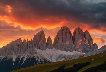 Wall Mural - A beautiful sunset over a mountain range with a fiery sky and sunrays peeking through the clouds