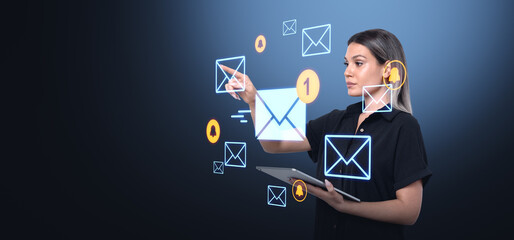 Wall Mural - woman interacting with digital email interface on blue backgroun