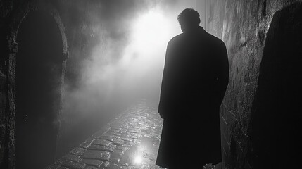 Man walks foggy alley, night, mystery, film noir