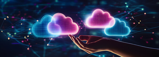 Wall Mural - Hands touching a digital, glowing cloud symbol against a background of data and technology, with a dark blue, purple, and black color theme 