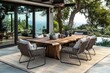 © JIALU - Outdoor oak wood dining set with six chairs and two armchairs, live-edge wooden table on beige rug, perfect for long drinks and cappuccinos.