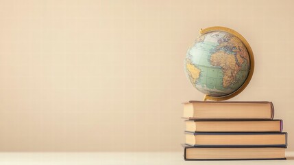 Poster - Classic globe rests atop a stack of travel guidebooks in a serene setting highlighting wanderlust and exploration. Generative AI