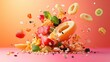 © wiwat - Fruit Explosion: A vibrant and playful burst of fresh fruit and colorful granola explodes against a warm, peach-colored background.