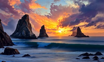 Wall Mural - A vibrant sunset over rocky seascapes with waves crashing against the shore.