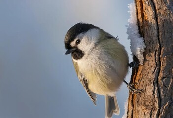 Wall Mural - A Willow tit perched on a tree trunk in a snowy forest