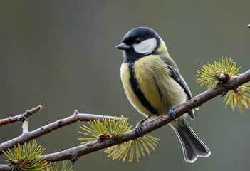 Wall Mural - A close-up photo of a Great Tit perched on a tree branch with its feathers fluffed up