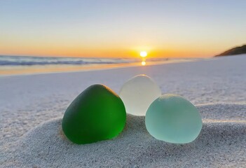 Wall Mural - A collection of sea glass marbles on a sandy beach with the sun rising in the background
