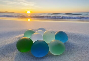 Wall Mural - A collection of sea glass marbles on a sandy beach with the sun rising in the background