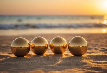 Wall Mural - A close-up of golden balls on a sandy beach with the ocean in the background during sunset.