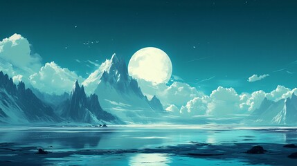 Wall Mural - Beautiful blue sky with a large moon in the middle. The sky is filled with clouds and the moon is shining brightly. The scene is peaceful and serene