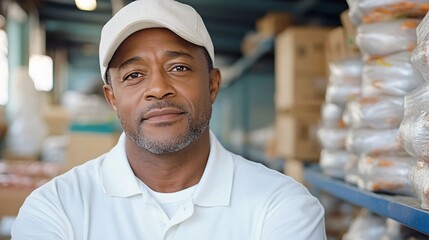 Wall Mural - A confident man wears a white shirt and cap, standing in a warehouse filled with boxes and bags, exuding a sense of professionalism and reliability.