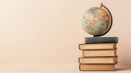 Leinwandbilder - Classic globe on top of stacked travel guidebooks suggesting adventures around the world. Generative AI