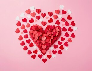  A heart made of small red origami hearts on a pink background