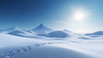 Wall Mural - Snowy mountain range with a bright sun in the sky. The sun is shining on the snow, creating a beautiful and serene atmosphere. The mountains are covered in snow, and the sky is clear and blue