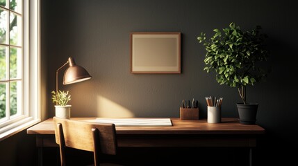 Wall Mural - Cozy workspace with natural light and green plants