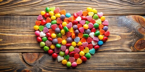 Wall Mural - Colorful Heart-Shaped Candies on a Wooden Table , holiday table setting