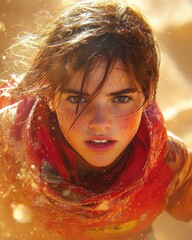 Close-up portrait of a young woman's face outdoors in desert setting Ideal for illustrating strength resilience or adventure