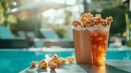 Wall Mural - A bag of popcorn chicken next to a soft drink on a sunlit terrace