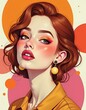 © umut hasanoglu - Stylish illustration of a woman with auburn hair and orange makeup, wearing a mustard yellow jacket against a vibrant background.