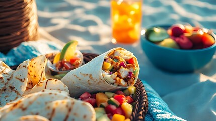 Wall Mural - a beach blanket with a side of fruit salad and a spicy chicken wrap