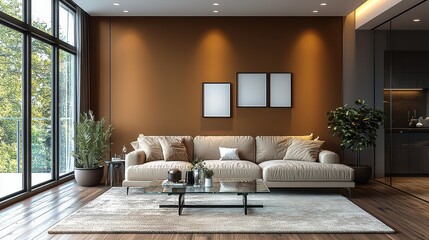 Wall Mural - Modern living room interior design with cozy beige sofa and elegant decor