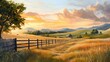 © Mega - Serene sunset over golden wheat field, farmhouse, and wooden fence.