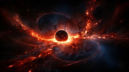 Wall Mural - cosmic spectacle of fiery nebula surrounding a dark celestial body in space. generative ai