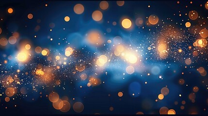 Aufkleber - Blurred bokeh lights background, golden warm fairy lights softly glowing, arranged in a random pattern against a dark blue backdrop. The lights create a dreamy, festive atmosphere.