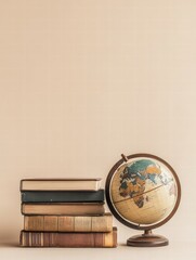 Leinwandbilder - Classic globe and stacked travel guidebooks creating an inspiring travel setup for adventure planning. Generative AI