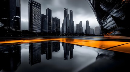 Wall Mural - A dramatic urban landscape featuring modern skyscrapers and reflective surfaces under cloudy skies.