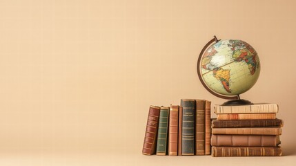 Poster - Classic globe and travel guidebooks arranged on a table for inspiration and adventure planning. Generative AI