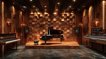 Grand piano in a wooden music studio.