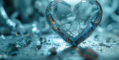 Poster - Glass heart vase shattered into pieces lying on the metallic table in a futuristic room.