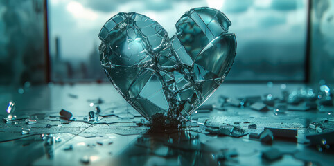 Poster - Glass heart vase shattered into pieces lying on the metallic table in a futuristic room.