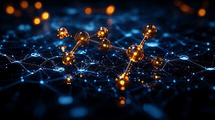 Molecular network connection, glowing nodes, dark background, science concept, digital illustration.