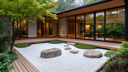 Wall Mural - serene traditional Japanese house with beautiful garden and stones