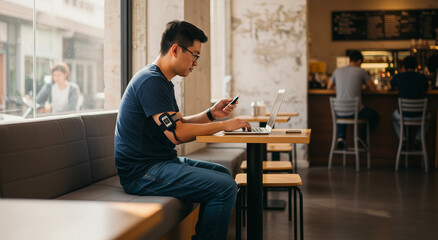Man, phone and glucose monitor with technology at cafe for health, diabetes and online with device, monitoring and care for medical, treatment and wellness