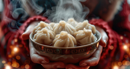 Poster - Woman hands holding a bowl of steaming dumplings, wearing a red sweater, in a Chinese New Year atmosphere.