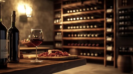 Poster - Elegant wine cellar featuring vintage bottles, a tasting table, and a charcuterie board in a cozy setting. Generative AI