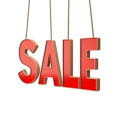 Wall Mural - The image shows a red SALE sign hanging from four ropes against a white background, advertising a sales promotion.