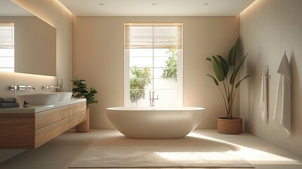 Poster - A serene bathroom with light beige walls, a frosted glass window, and clean, simple aesthetic.