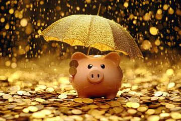 Wall Mural - a piggy bank holding a golden umbrella, standing under a shower of coins