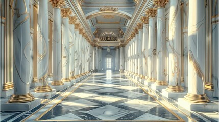 Wall Mural - Interior of palace, level design, columns, gold trim, white marble.