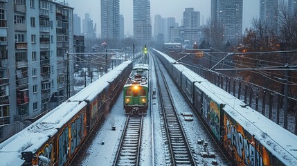 Old railway station in the snow, graffiti on the walls, a green train passing through the city industrial area with bright yellow lights.